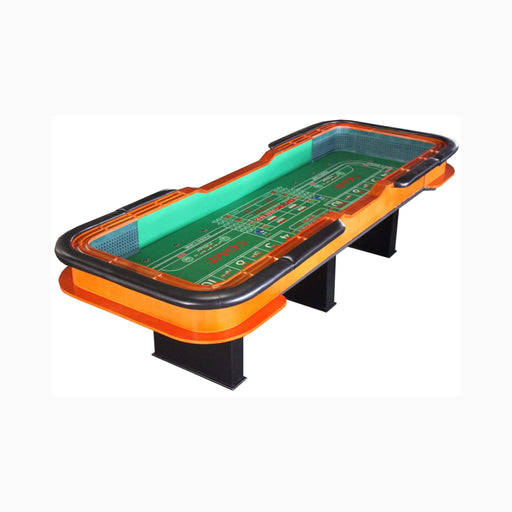 Cricket table with green playing surface and orange and black frame on a white background