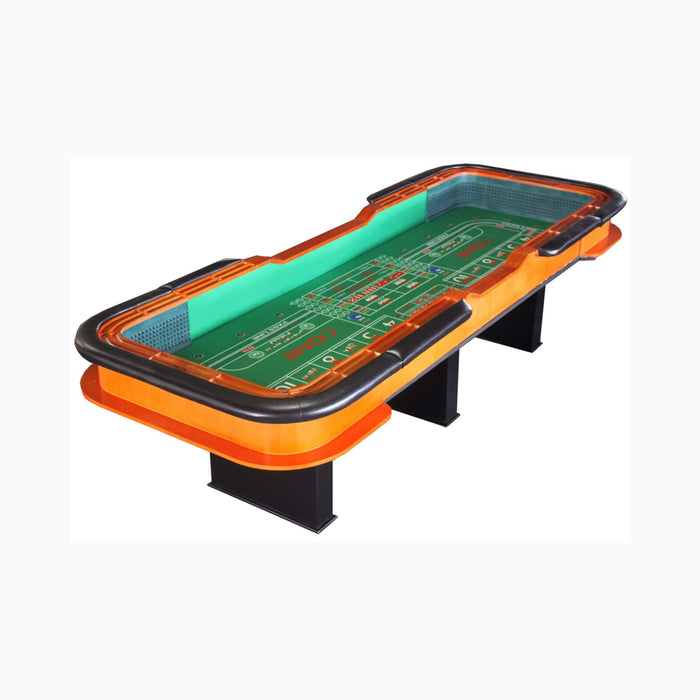 Cricket table with green playing surface and orange and black frame on a white background