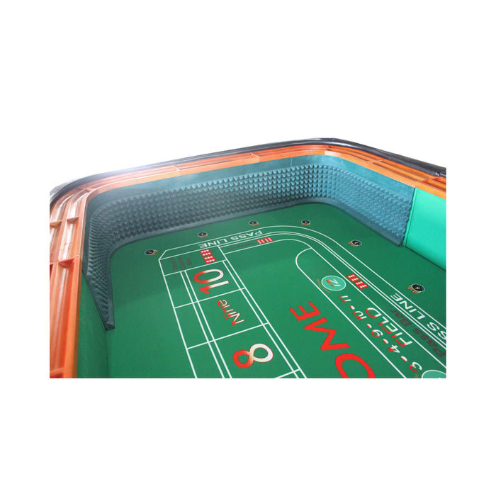 Close-up of a green craps table with red and white markings on a white background