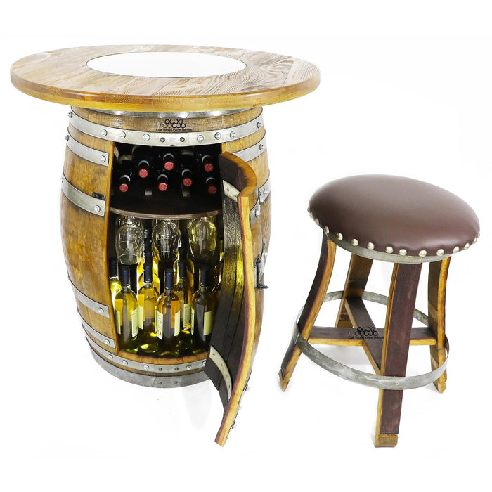 Barrel-shaped table with wine bottles and a matching stool on a white background