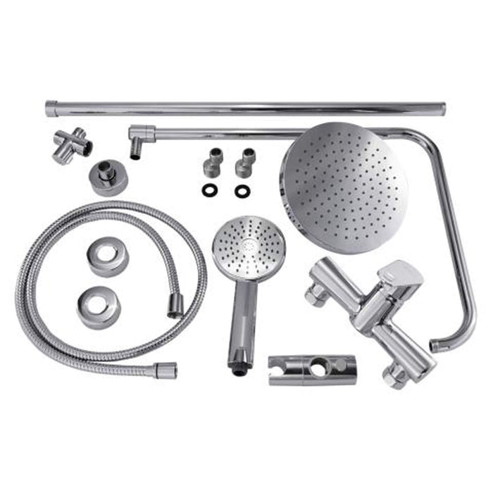 Collection of chrome shower components on a white background
