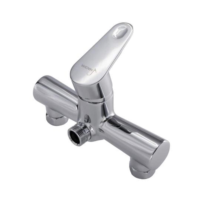 Chrome faucet handle on a white background