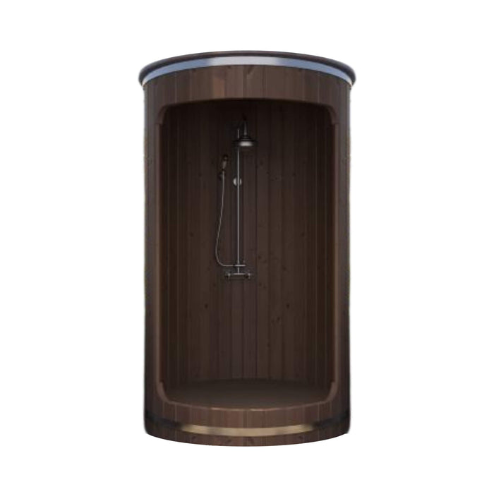 Brown shower enclosure with a shower head on a white background
