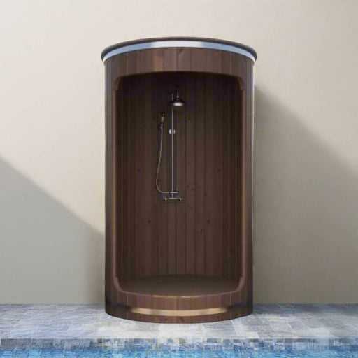 Wooden shower enclosure with a shower head against a neutral wall.