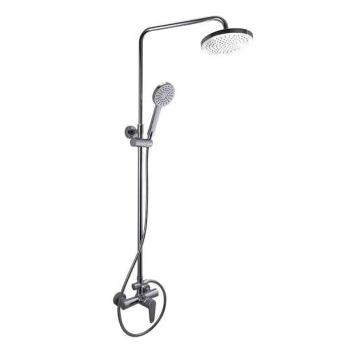 Chrome shower set with rain shower head and handheld shower on a white background