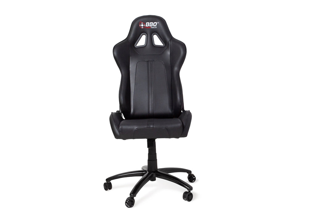 Black racing-style office chair on a white background