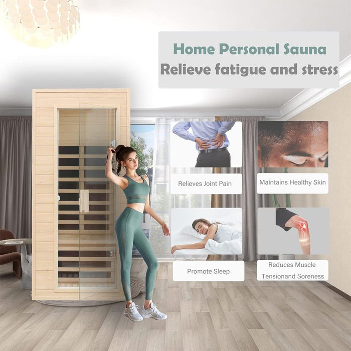 Woman standing in front of a home personal sauna with benefits displayed on screen