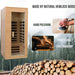 Wooden sauna with hand polishing process and stacked logs on a forest background