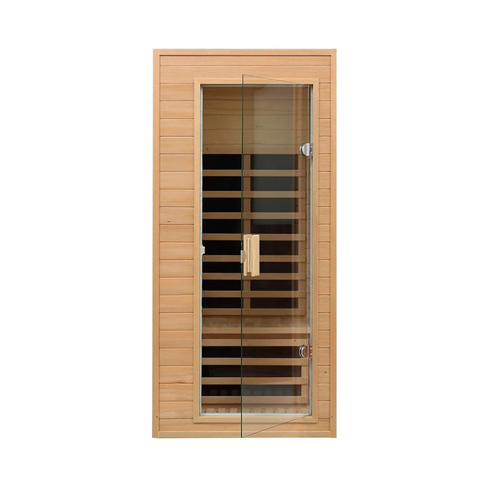 Wooden sauna door with glass panel on a white background