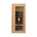 Wooden sauna door with glass panel on a white background