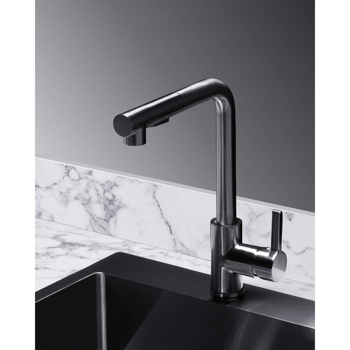 Modern black kitchen faucet with marble backsplash