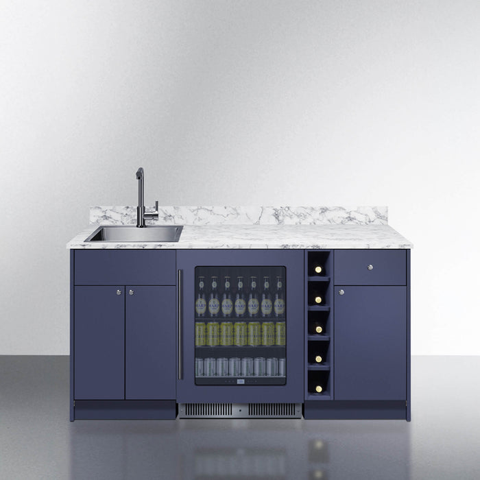 Modern kitchen island with blue cabinets, marble countertop, and built-in wine cooler.