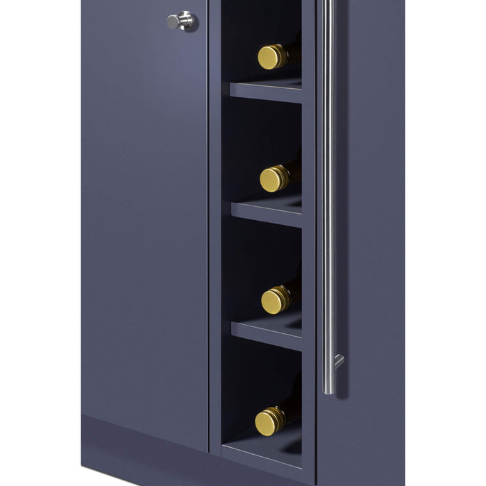 Blue wine cabinet with gold wine bottles inside