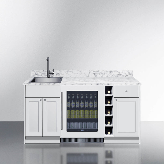 Modern kitchen island with marble countertop, sink, and built-in wine cooler.