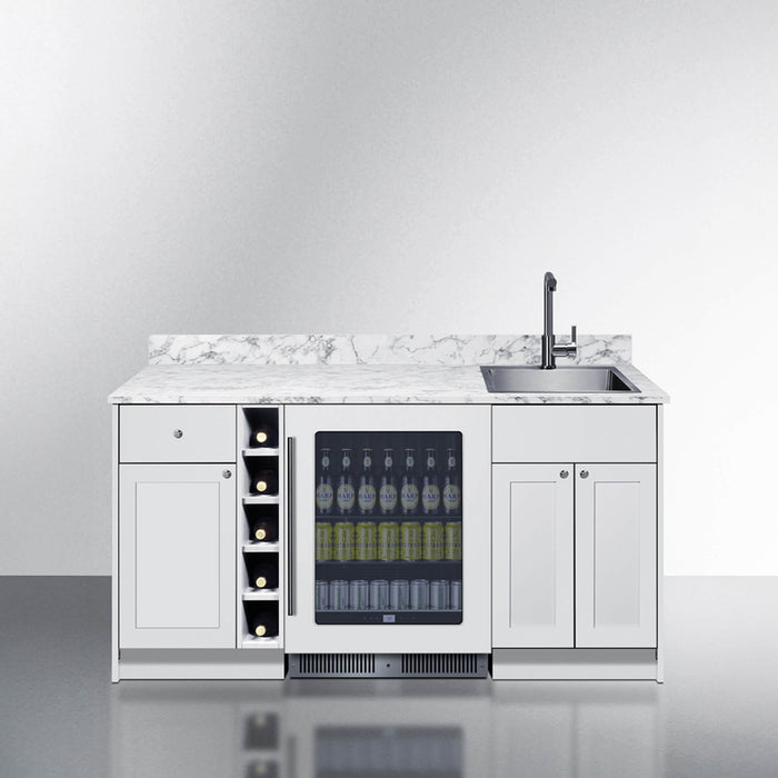 Modern kitchen island with marble countertop, sink, and built-in wine cooler.