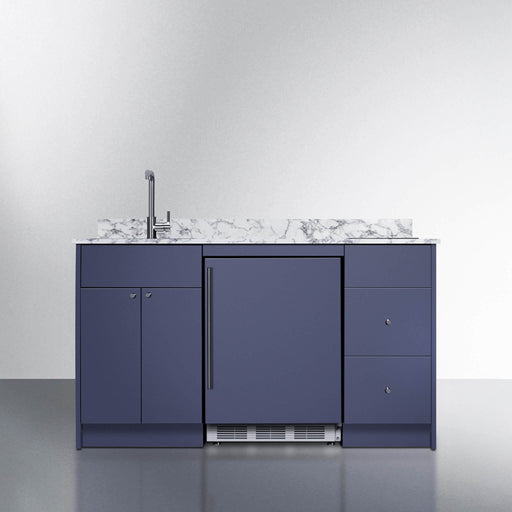 Modern kitchen island with blue cabinets, marble countertop, and sink on a gray floor.