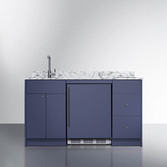 Modern kitchen island with blue cabinets, marble countertop, and sink on a gray floor.