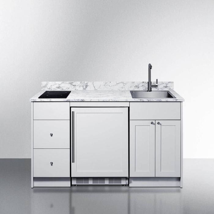 Modern outdoor kitchen island with marble countertop, sink, and refrigerator on a white background