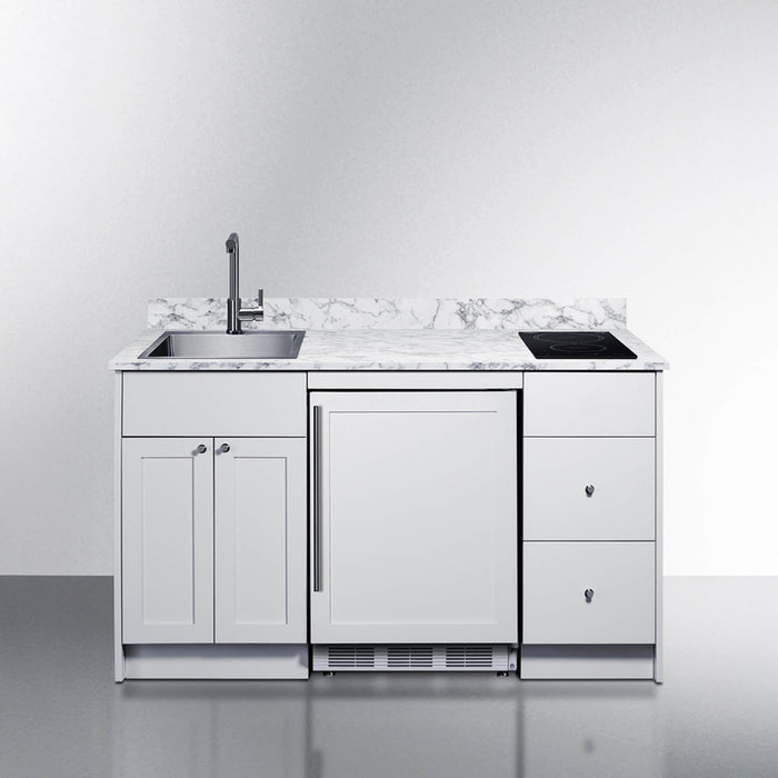 Outdoor kitchen unit with sink, stove, and refrigerator on a white background