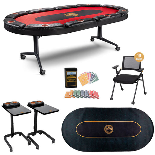 Poker table, chairs, card holders, and other accessories on a white background