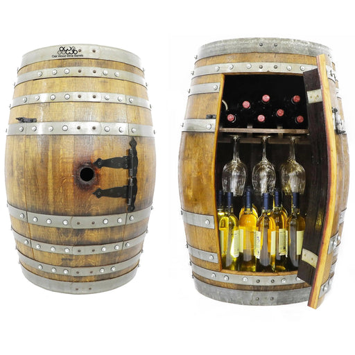 Wooden barrel with a door open, revealing bottles of wine inside.