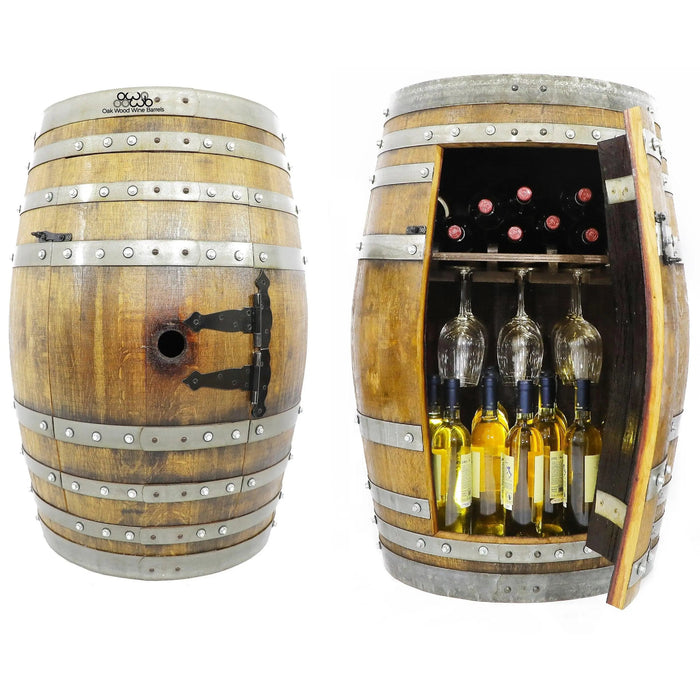 Wooden barrel with a door open, revealing bottles of wine inside.