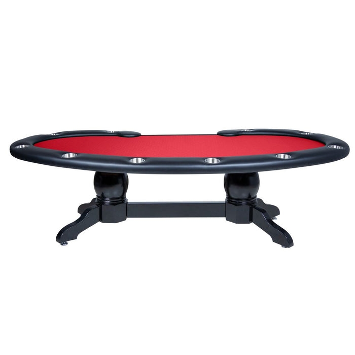 Black poker table with red felt surface on a white background