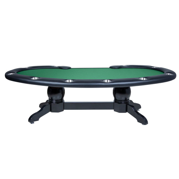 Poker table with green playing surface and black legs on a white background